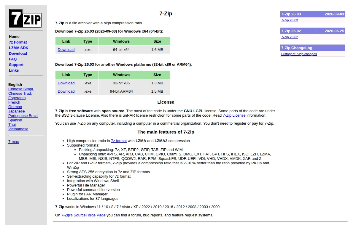 7-Zip 공식 웹사이트 화면