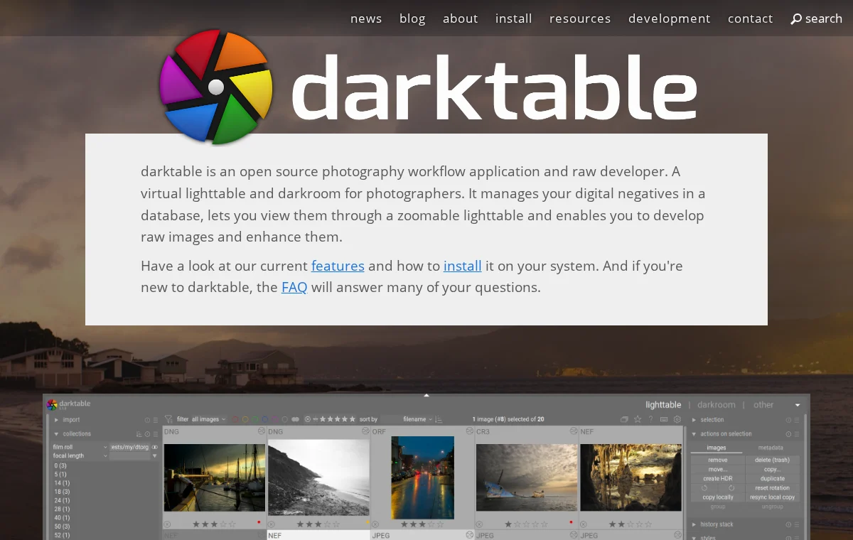 darktable 공식 웹사이트 화면