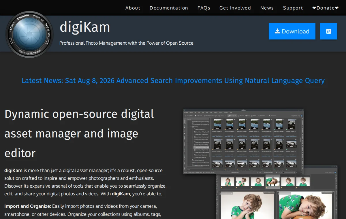 digiKam 공식 웹사이트 화면