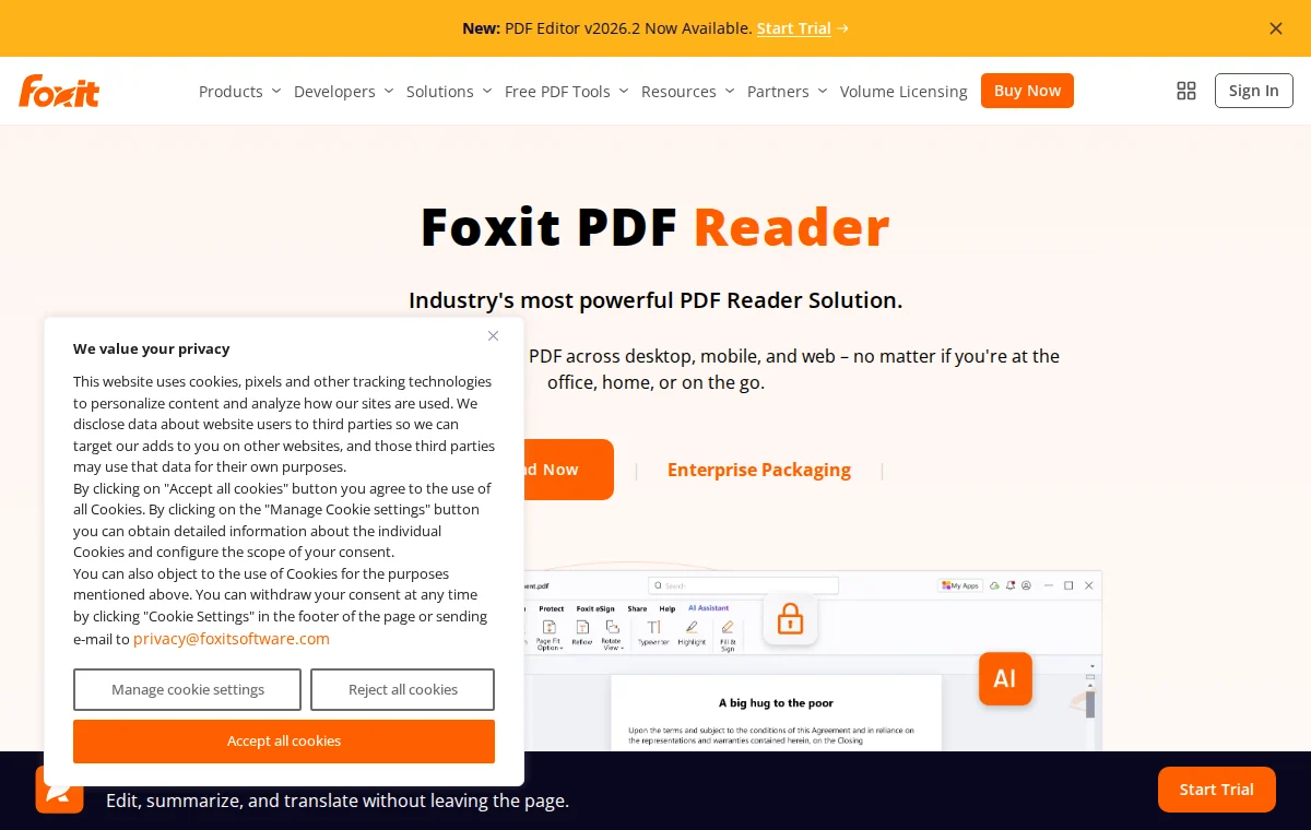 Foxit PDF Reader 공식 웹사이트 화면