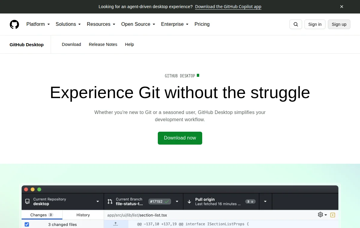 GitHub Desktop 공식 웹사이트 화면