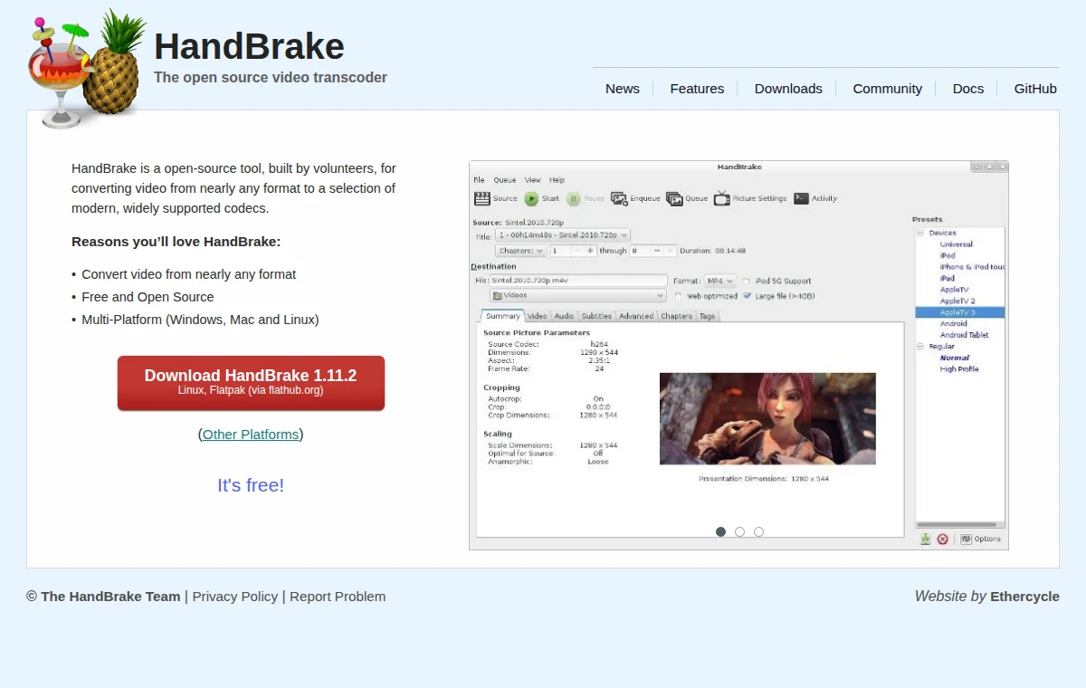 HandBrake 공식 웹사이트 화면