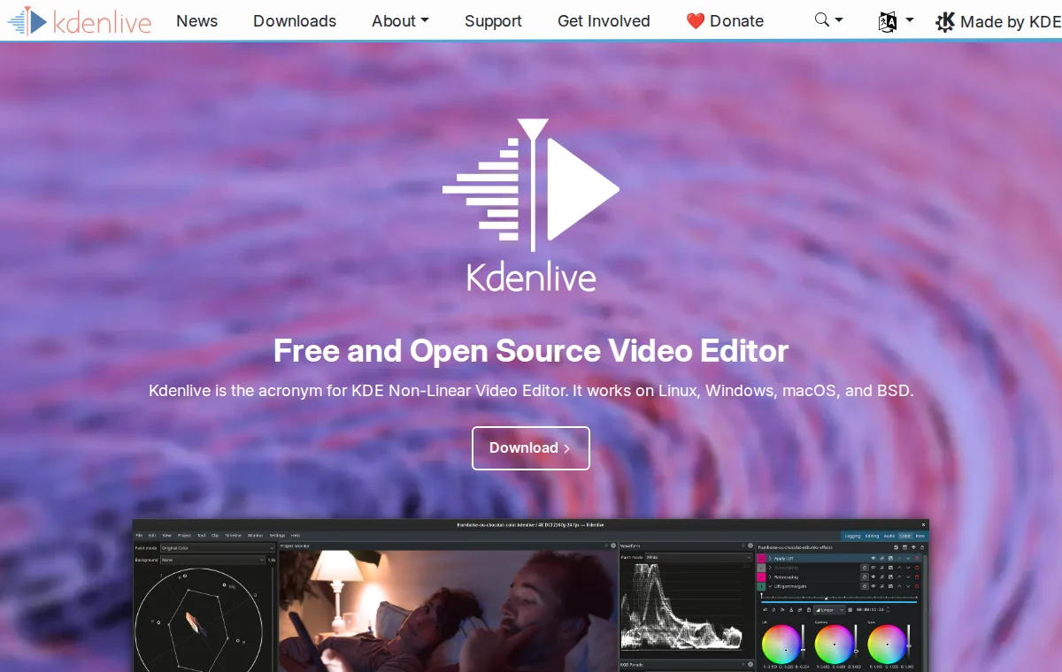 Kdenlive 공식 웹사이트 화면