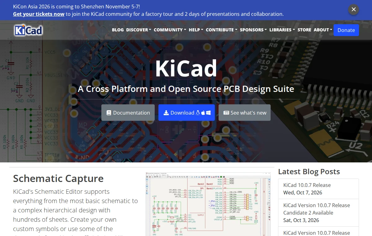 KiCad 공식 웹사이트 화면