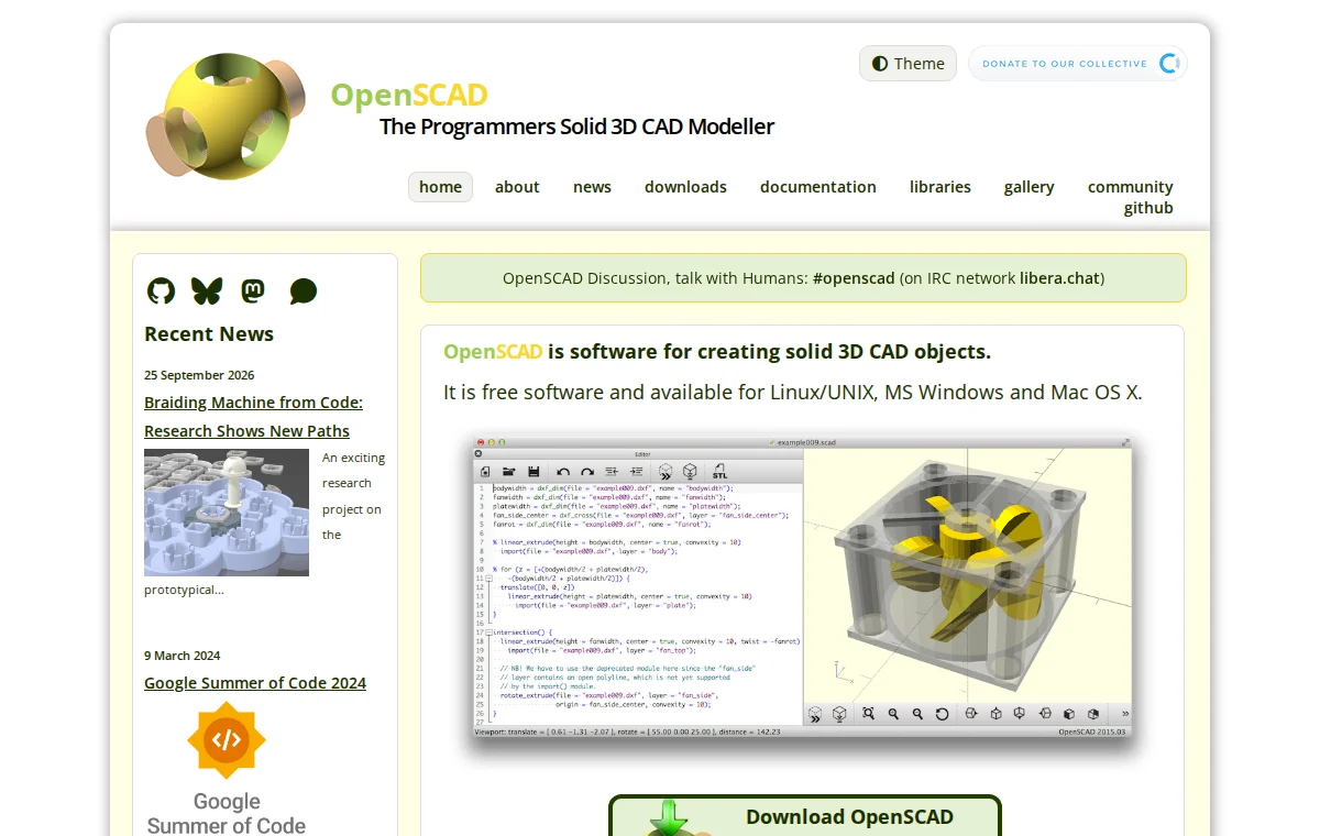 OpenSCAD 공식 웹사이트 화면