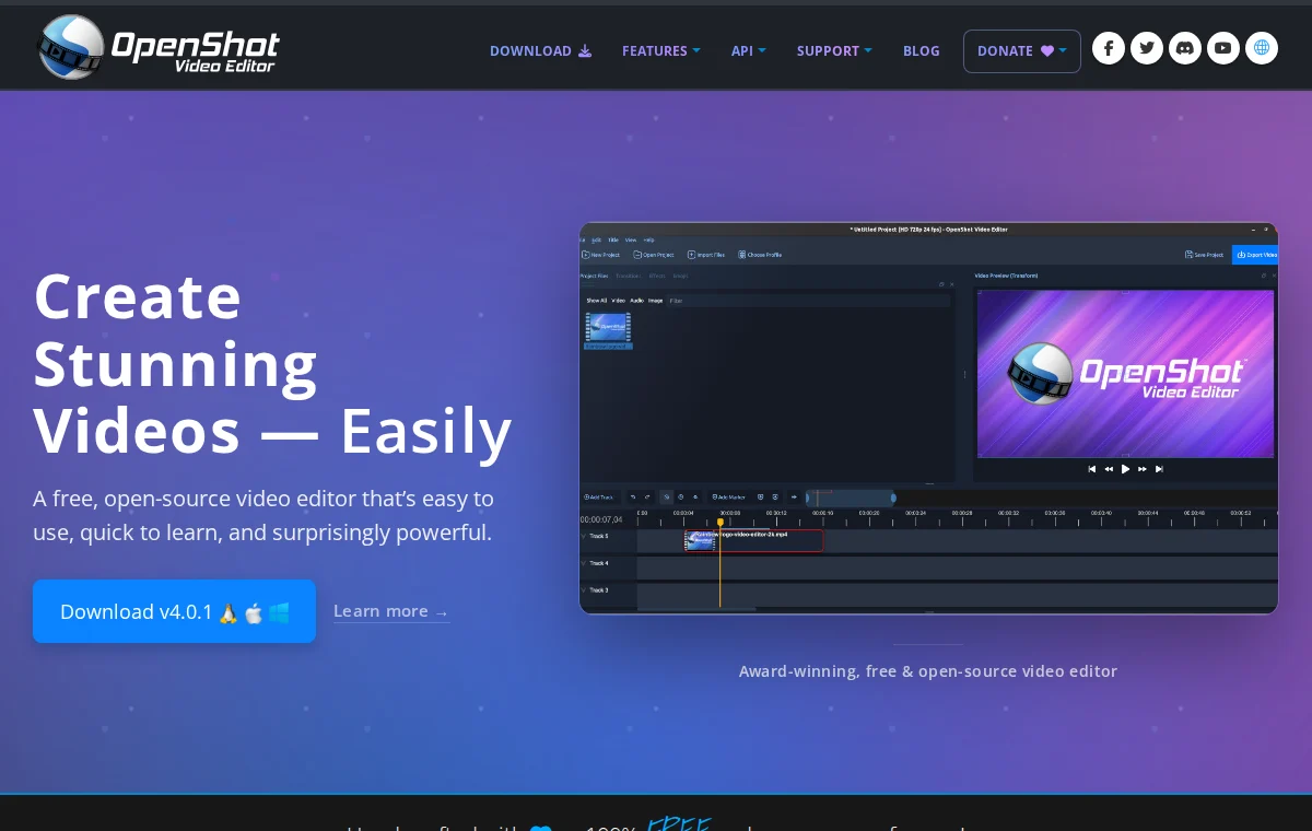 OpenShot 공식 웹사이트 화면