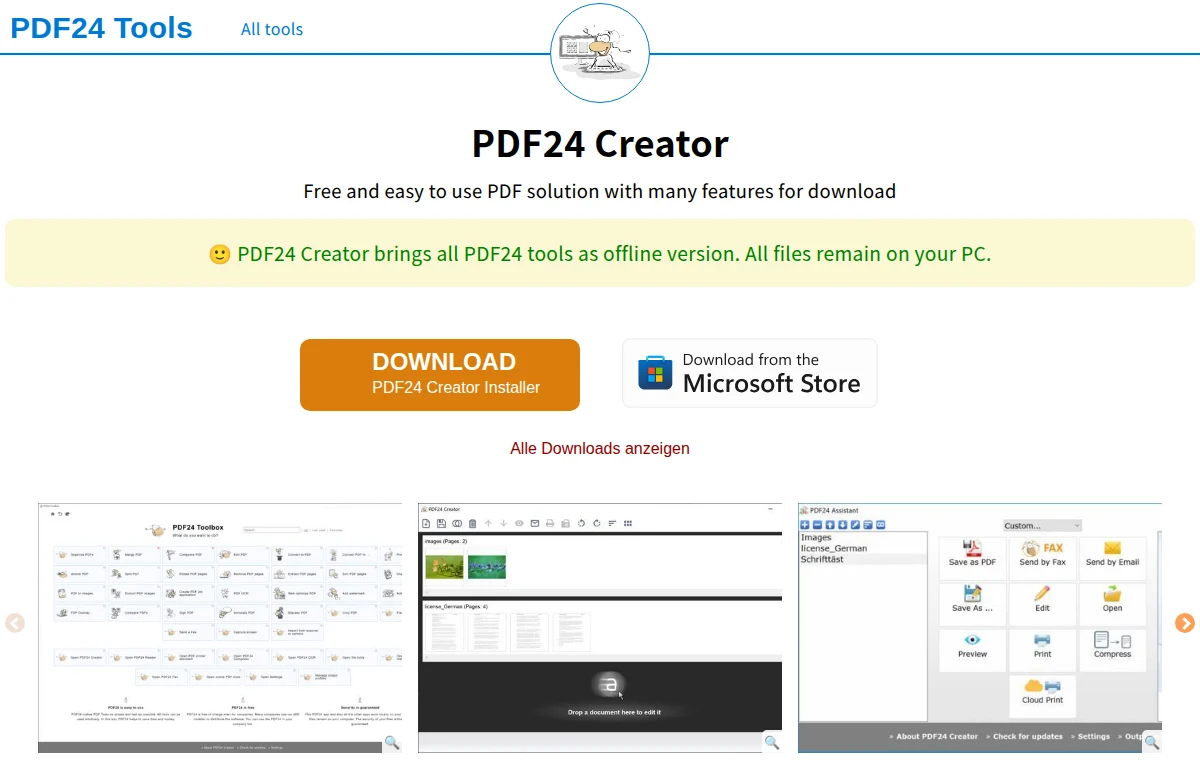 PDF24 Creator 공식 웹사이트 화면