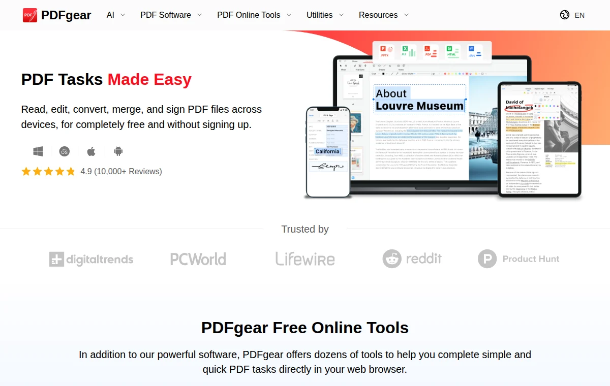 PDFgear 공식 웹사이트 화면