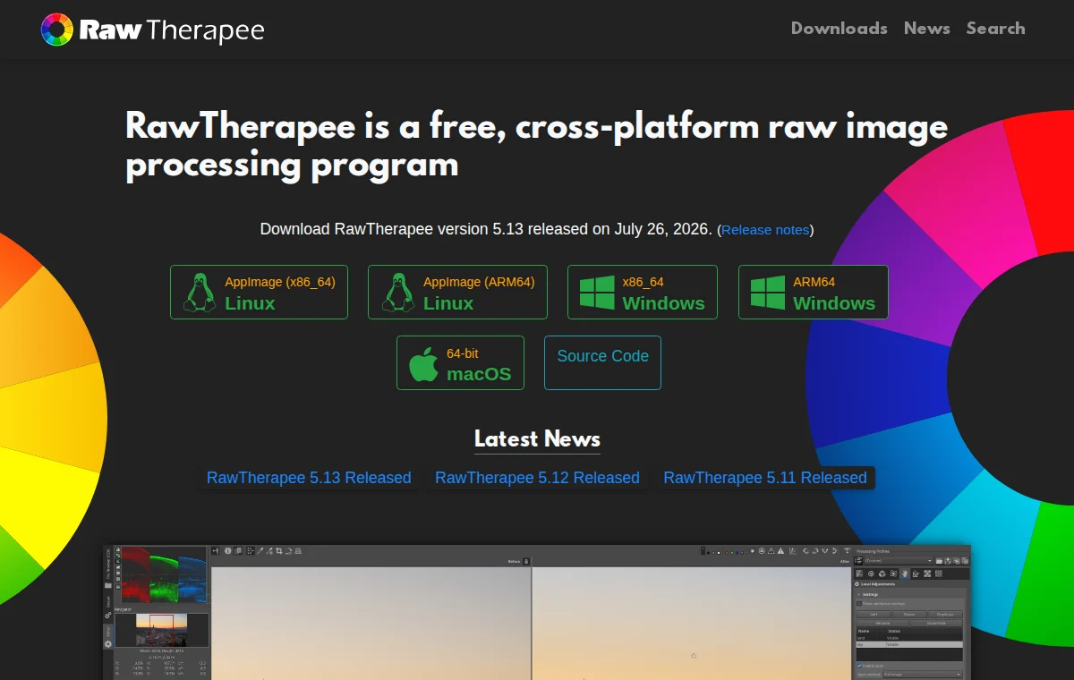 RawTherapee 공식 웹사이트 화면