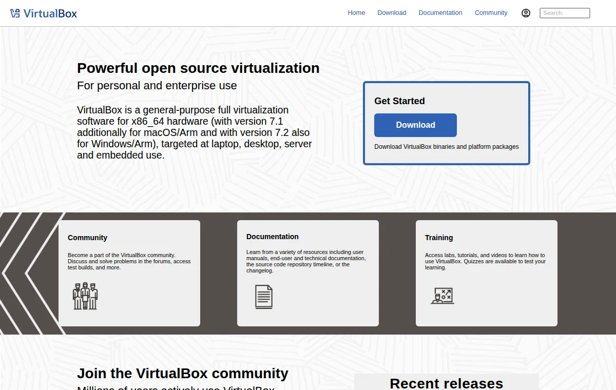 Oracle VirtualBox 공식 웹사이트 화면